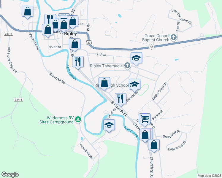 map of restaurants, bars, coffee shops, grocery stores, and more near 209 Walters St in Ripley