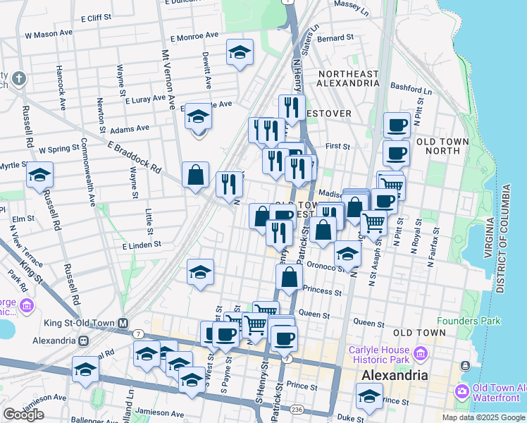 map of restaurants, bars, coffee shops, grocery stores, and more near 1220 Wythe Street in Alexandria