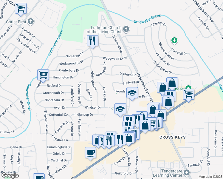 map of restaurants, bars, coffee shops, grocery stores, and more near 2490 Woodsage Drive in Florissant