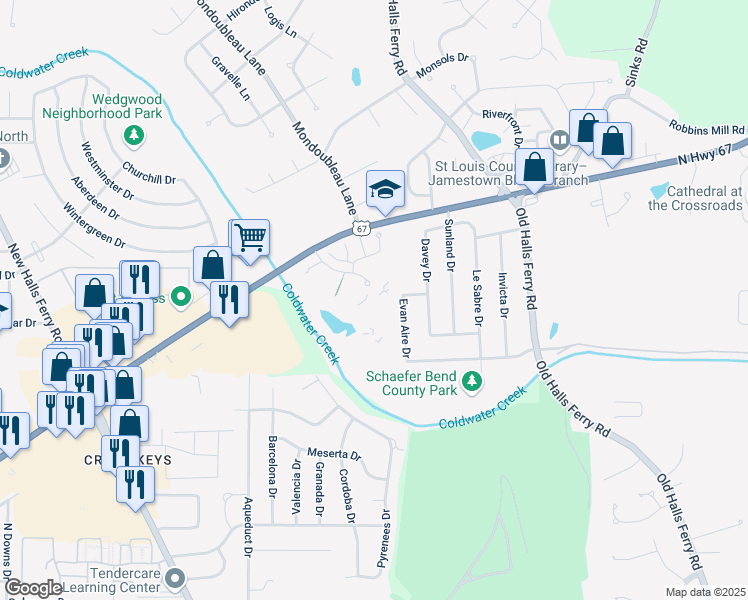 map of restaurants, bars, coffee shops, grocery stores, and more near 3702 Candlewyck Club Drive in Florissant