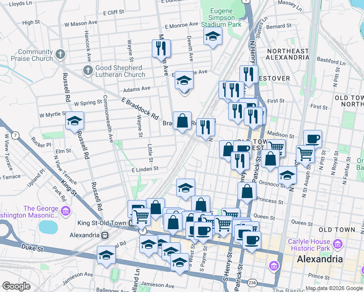 map of restaurants, bars, coffee shops, grocery stores, and more near 433 Mount Vernon Avenue in Alexandria