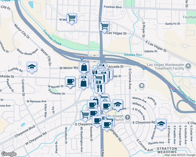 map of restaurants, bars, coffee shops, grocery stores, and more near 1500 South Nevada Avenue in Colorado Springs