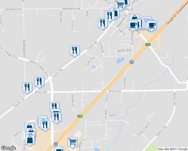 map of restaurants, bars, coffee shops, grocery stores, and more near 4073 Quarry Court in Loomis