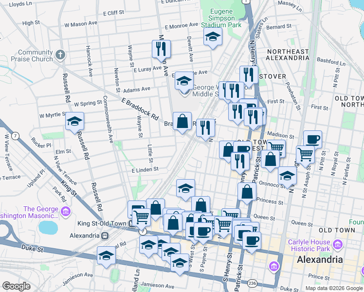 map of restaurants, bars, coffee shops, grocery stores, and more near 433 Mount Vernon Avenue in Alexandria