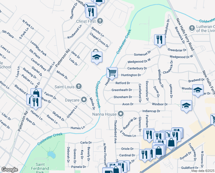 map of restaurants, bars, coffee shops, grocery stores, and more near 2910 Heatherton Drive in Florissant