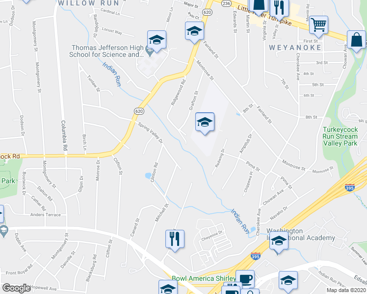 map of restaurants, bars, coffee shops, grocery stores, and more near 6501 Waverley St in Alexandria