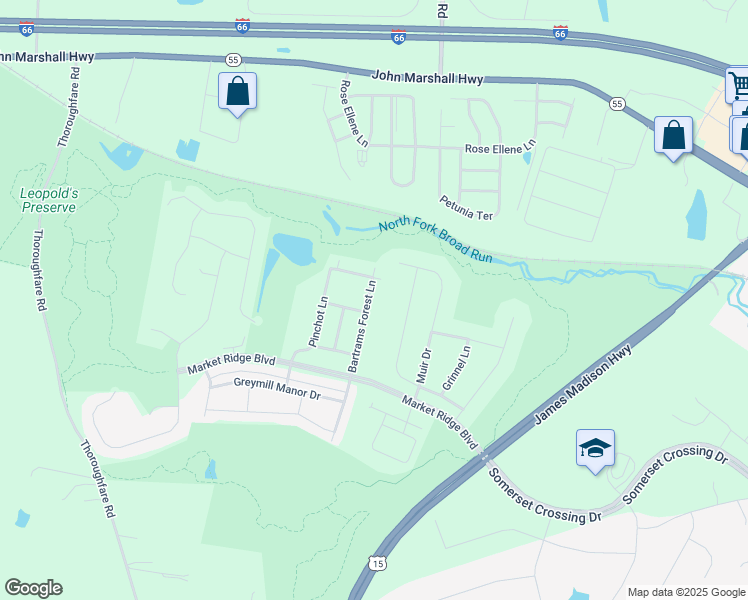 map of restaurants, bars, coffee shops, grocery stores, and more near 6617 Bartrams Forest Lane in Haymarket