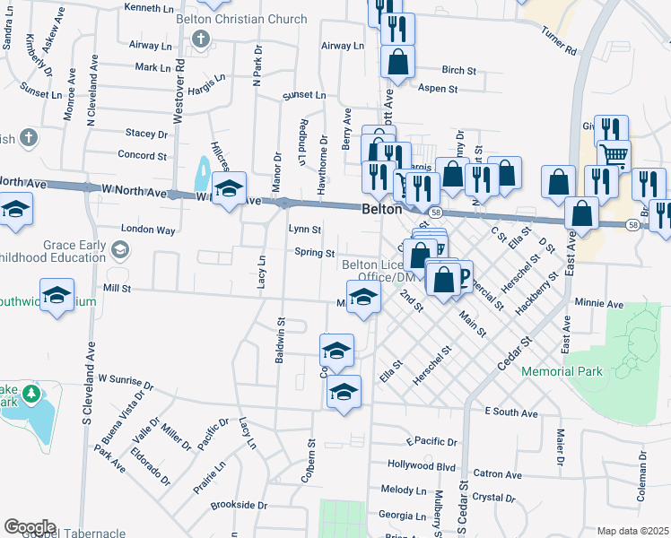 map of restaurants, bars, coffee shops, grocery stores, and more near 115 Spring Court in Belton