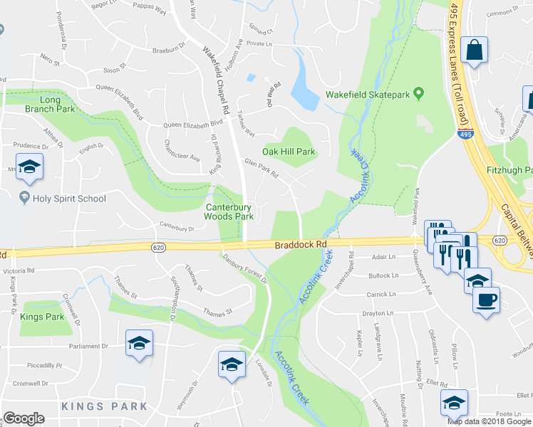 map of restaurants, bars, coffee shops, grocery stores, and more near 5192 Kimscott Court in Annandale