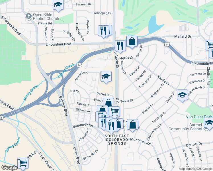 map of restaurants, bars, coffee shops, grocery stores, and more near 1104-1254 South Circle Drive in Colorado Springs