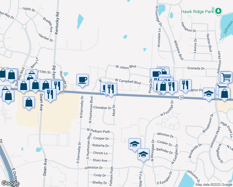 map of restaurants, bars, coffee shops, grocery stores, and more near 1500 Moore Drive in Raymore