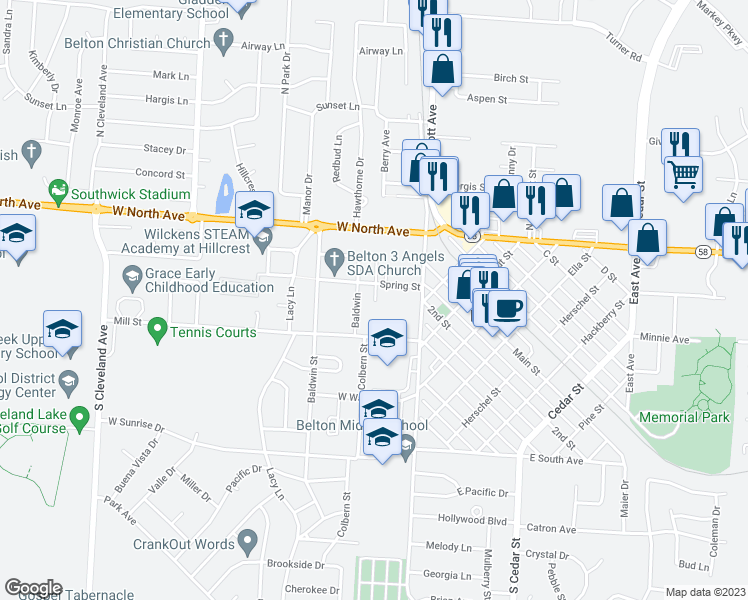 map of restaurants, bars, coffee shops, grocery stores, and more near 115 Spring Court in Belton