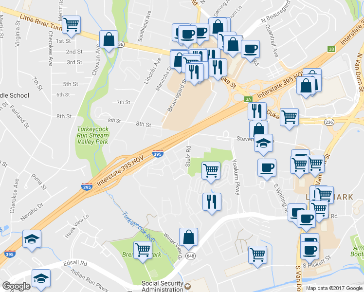 map of restaurants, bars, coffee shops, grocery stores, and more near 6258 Masefield Court in Alexandria