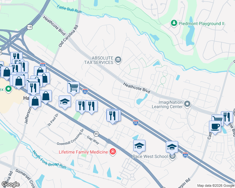 map of restaurants, bars, coffee shops, grocery stores, and more near 14528 Jansbury Street in Gainesville