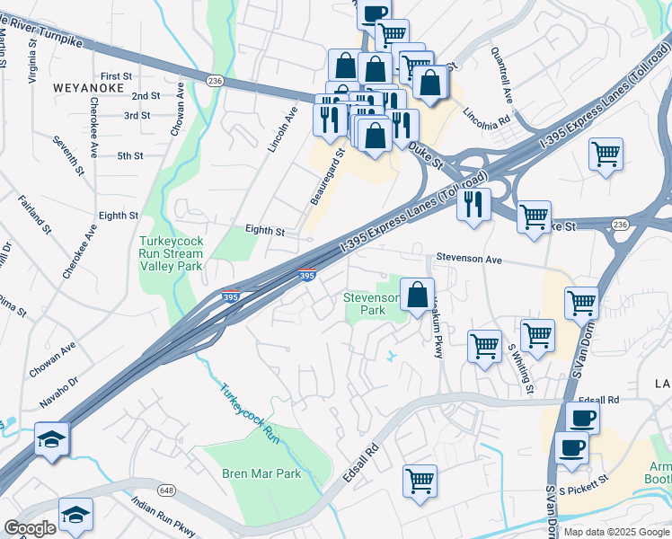 map of restaurants, bars, coffee shops, grocery stores, and more near 6258 Masefield Court in Alexandria