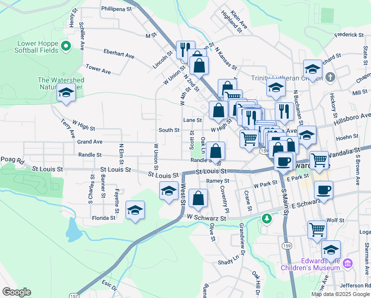 map of restaurants, bars, coffee shops, grocery stores, and more near 428 West 4th Street in Edwardsville
