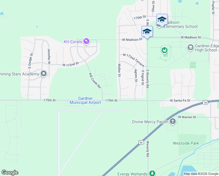 map of restaurants, bars, coffee shops, grocery stores, and more near 31637 West 174th Street in Gardner