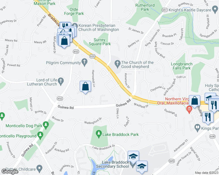 map of restaurants, bars, coffee shops, grocery stores, and more near 5059 Harford Lane in Burke