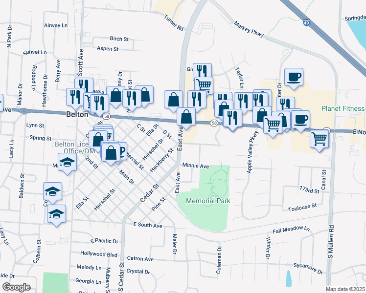 map of restaurants, bars, coffee shops, grocery stores, and more near 119 East Avenue in Belton