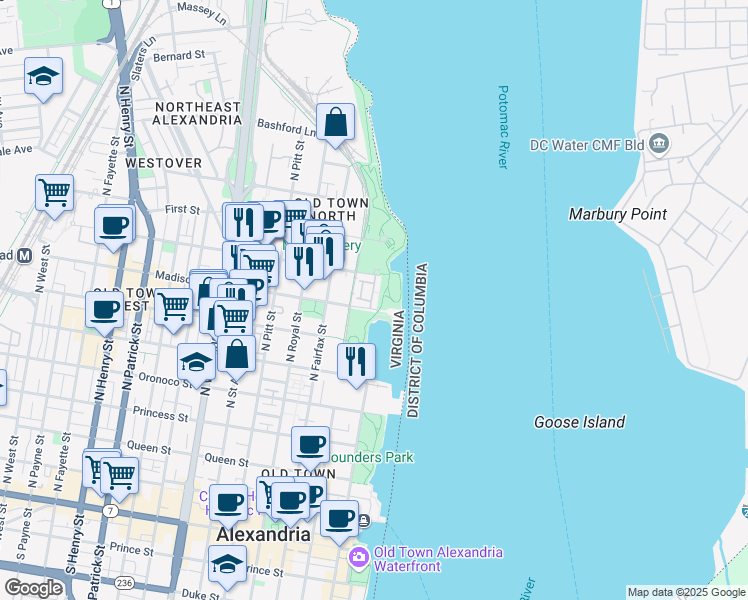map of restaurants, bars, coffee shops, grocery stores, and more near 101 Madison Place in Alexandria
