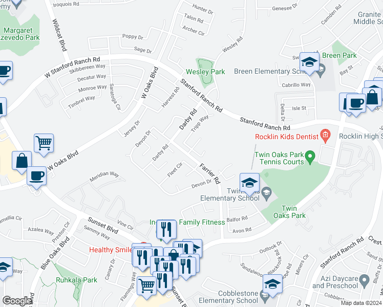 map of restaurants, bars, coffee shops, grocery stores, and more near 2400 Carr Court in Rocklin