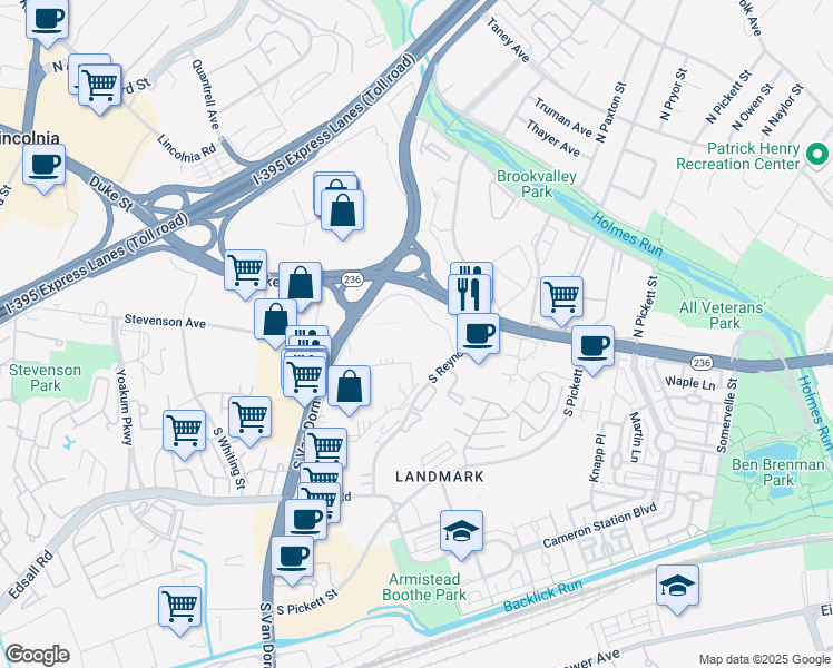 map of restaurants, bars, coffee shops, grocery stores, and more near 60 South Van Dorn Street in Alexandria