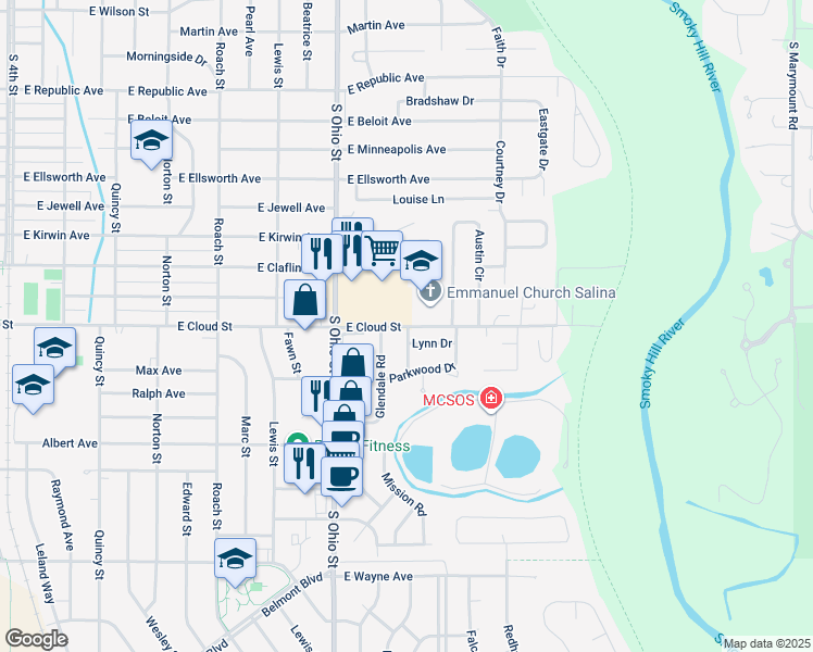 map of restaurants, bars, coffee shops, grocery stores, and more near 1200 East Cloud Street in Salina