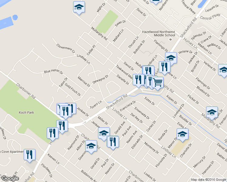 map of restaurants, bars, coffee shops, grocery stores, and more near 1017 Torero Ln in Florissant