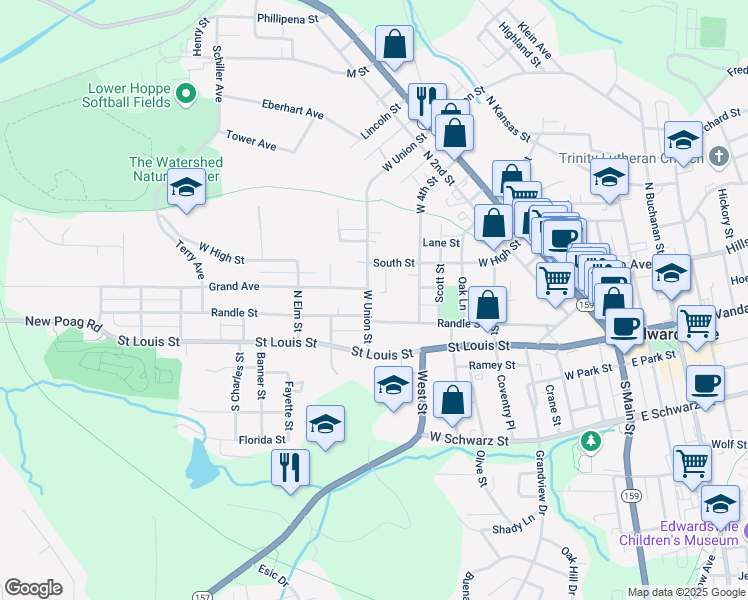 map of restaurants, bars, coffee shops, grocery stores, and more near 428 West Union Street in Edwardsville