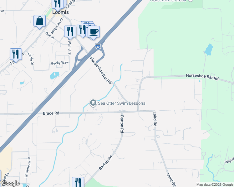 map of restaurants, bars, coffee shops, grocery stores, and more near 6336 Horseshoe Bar Road in Loomis