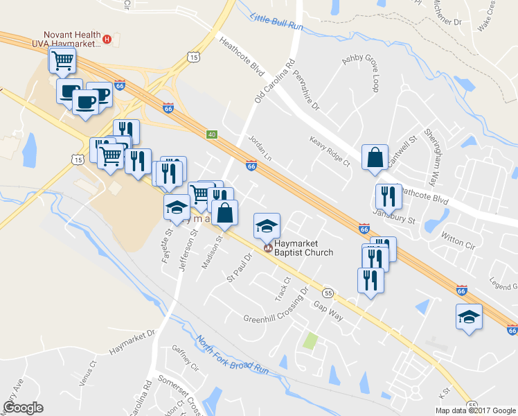 map of restaurants, bars, coffee shops, grocery stores, and more near 14825 Rising Sun Lane in Haymarket