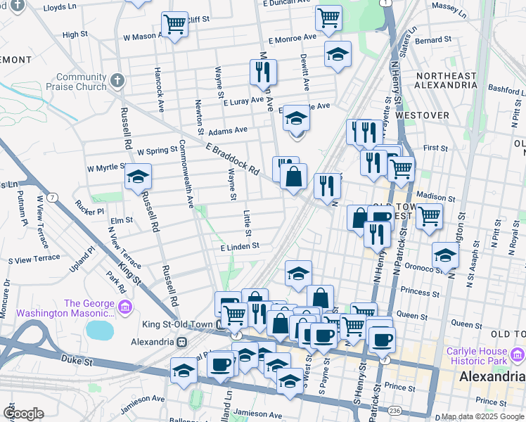 map of restaurants, bars, coffee shops, grocery stores, and more near 112 East Walnut Street in Alexandria