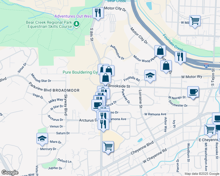 map of restaurants, bars, coffee shops, grocery stores, and more near 703 West Brookside Street in Colorado Springs