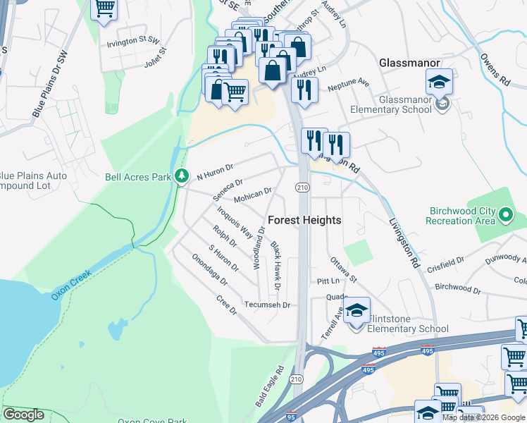 map of restaurants, bars, coffee shops, grocery stores, and more near 5609 Woodland Drive in Oxon Hill
