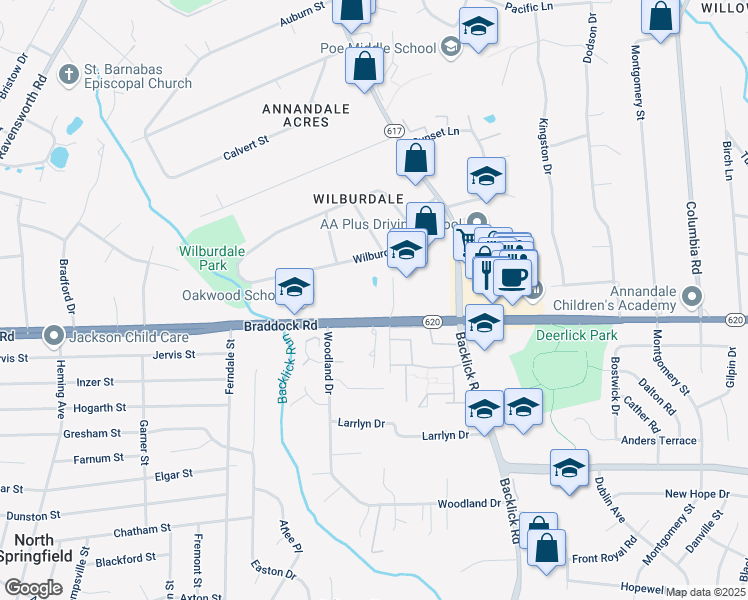 map of restaurants, bars, coffee shops, grocery stores, and more near 7108 Braddock Road in Annandale
