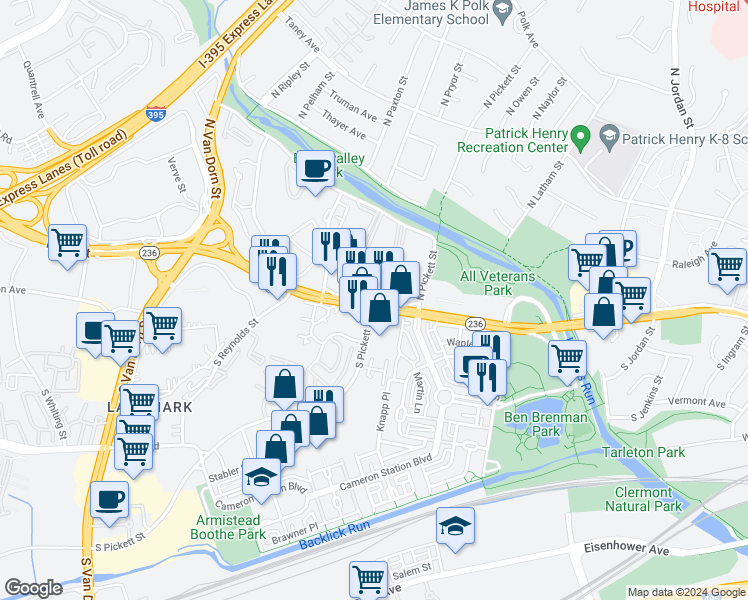 map of restaurants, bars, coffee shops, grocery stores, and more near 2 Canterbury Square in Alexandria