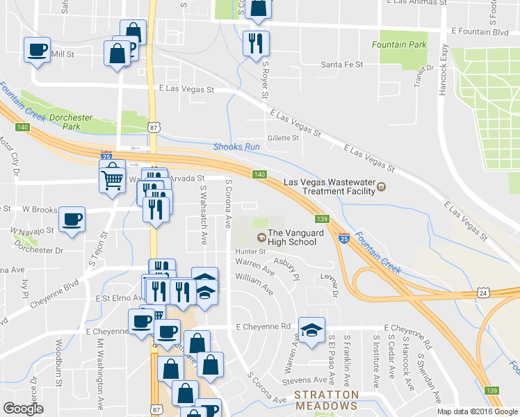 map of restaurants, bars, coffee shops, grocery stores, and more near 549 Crockett Lane in Colorado Springs