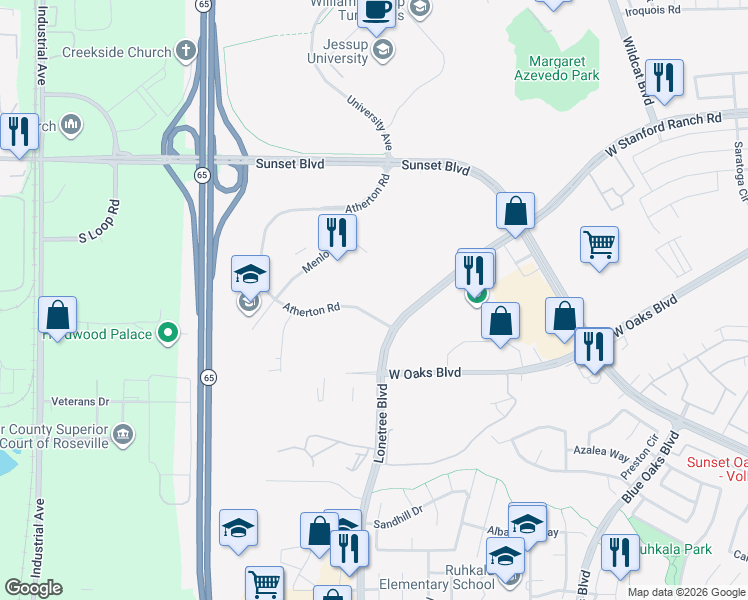 map of restaurants, bars, coffee shops, grocery stores, and more near 5828 Atherton Road in Rocklin