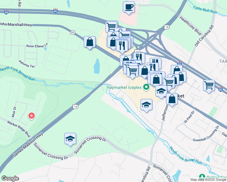 map of restaurants, bars, coffee shops, grocery stores, and more near 15251 Kapp Valley Way in Haymarket