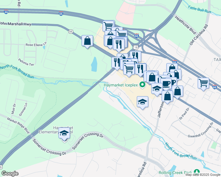 map of restaurants, bars, coffee shops, grocery stores, and more near 15251 Kapp Valley Way in Haymarket