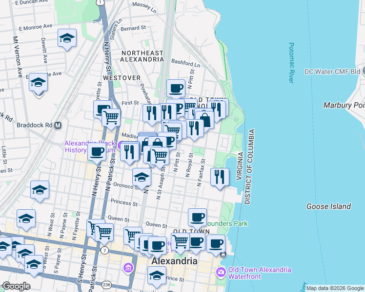 map of restaurants, bars, coffee shops, grocery stores, and more near 400 Madison Street in Alexandria