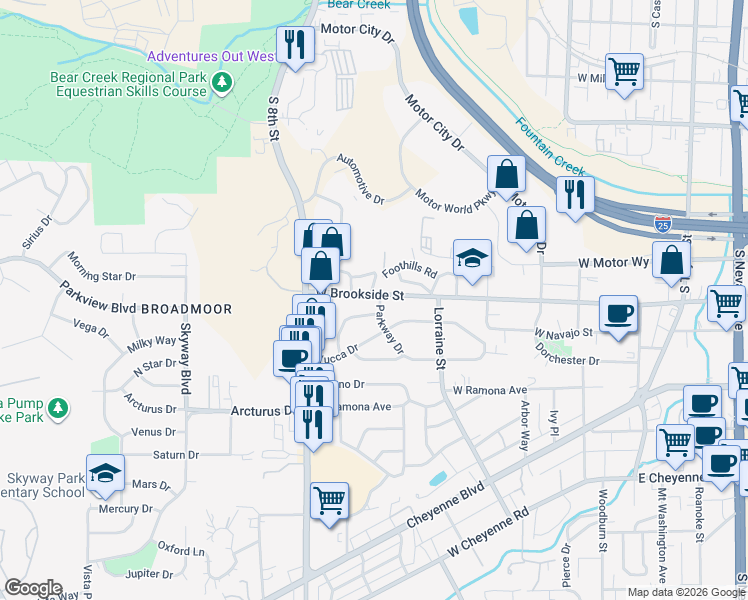 map of restaurants, bars, coffee shops, grocery stores, and more near 1502 Parkway Drive in Colorado Springs