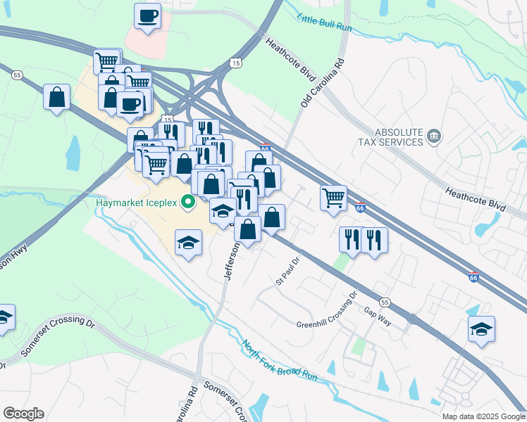 map of restaurants, bars, coffee shops, grocery stores, and more near 6611 Jefferson Street in Haymarket