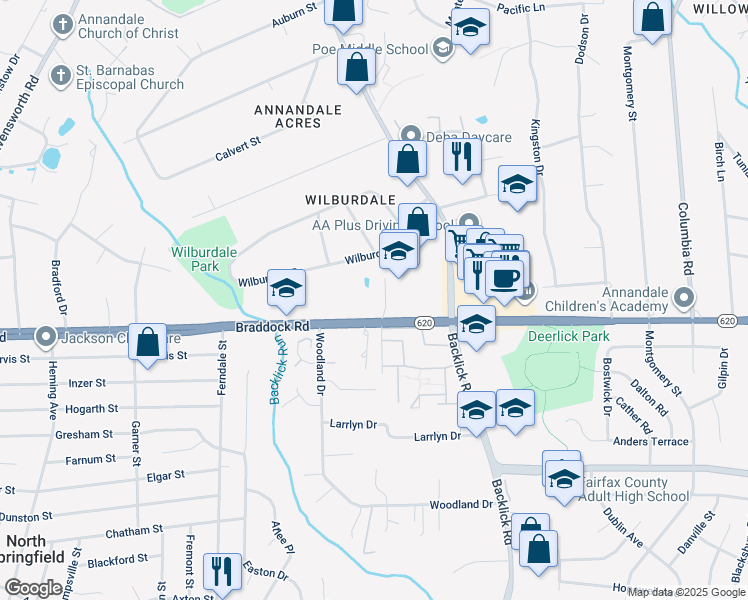 map of restaurants, bars, coffee shops, grocery stores, and more near 7104 Braddock Road in Annandale
