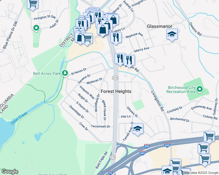 map of restaurants, bars, coffee shops, grocery stores, and more near 5612 Delaware Drive in Oxon Hill