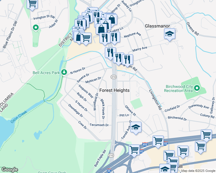 map of restaurants, bars, coffee shops, grocery stores, and more near 5612 Delaware Drive in Oxon Hill