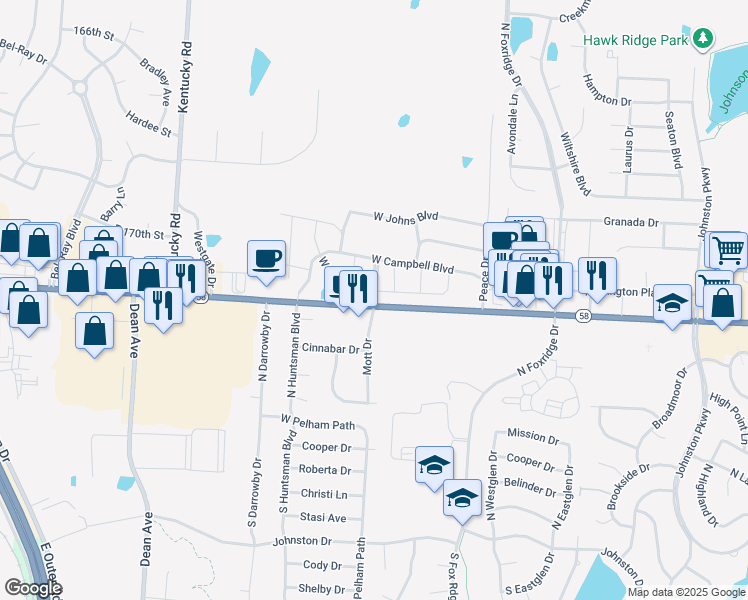 map of restaurants, bars, coffee shops, grocery stores, and more near 1500 Moore Drive in Raymore