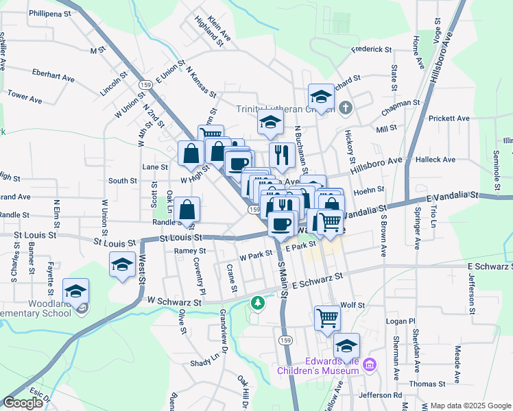 map of restaurants, bars, coffee shops, grocery stores, and more near 140 North Main Street in Edwardsville