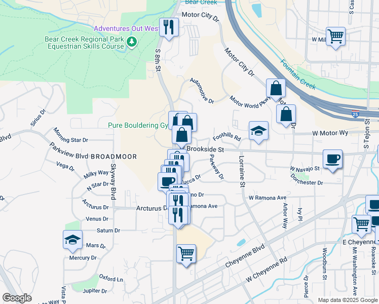 map of restaurants, bars, coffee shops, grocery stores, and more near 703 West Brookside Street in Colorado Springs
