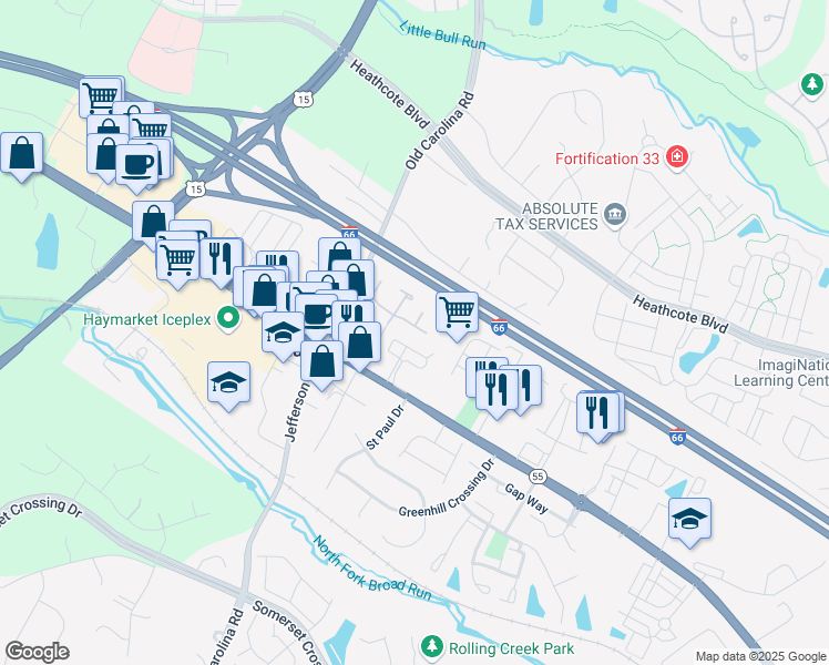map of restaurants, bars, coffee shops, grocery stores, and more near 14825 Rising Sun Lane in Haymarket